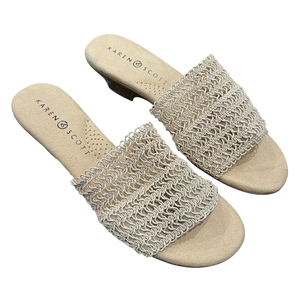 Karen Scott Elsa Crochet Knit‎ Wedge Slide Sandals Beige Mules Women's 8.5-9